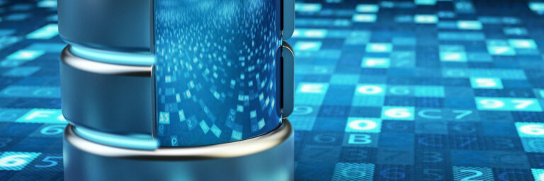 Remote data storage, cloud computing, network data server and computer technology concept, metallic database on blue background with digital code