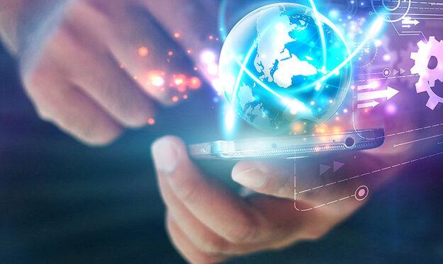 Hand touch screen smart phone.Digital technology concept,Social