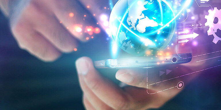 Hand touch screen smart phone.Digital technology concept,Social