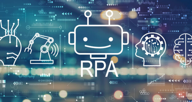 Robotic process automation concept with blurred city lights