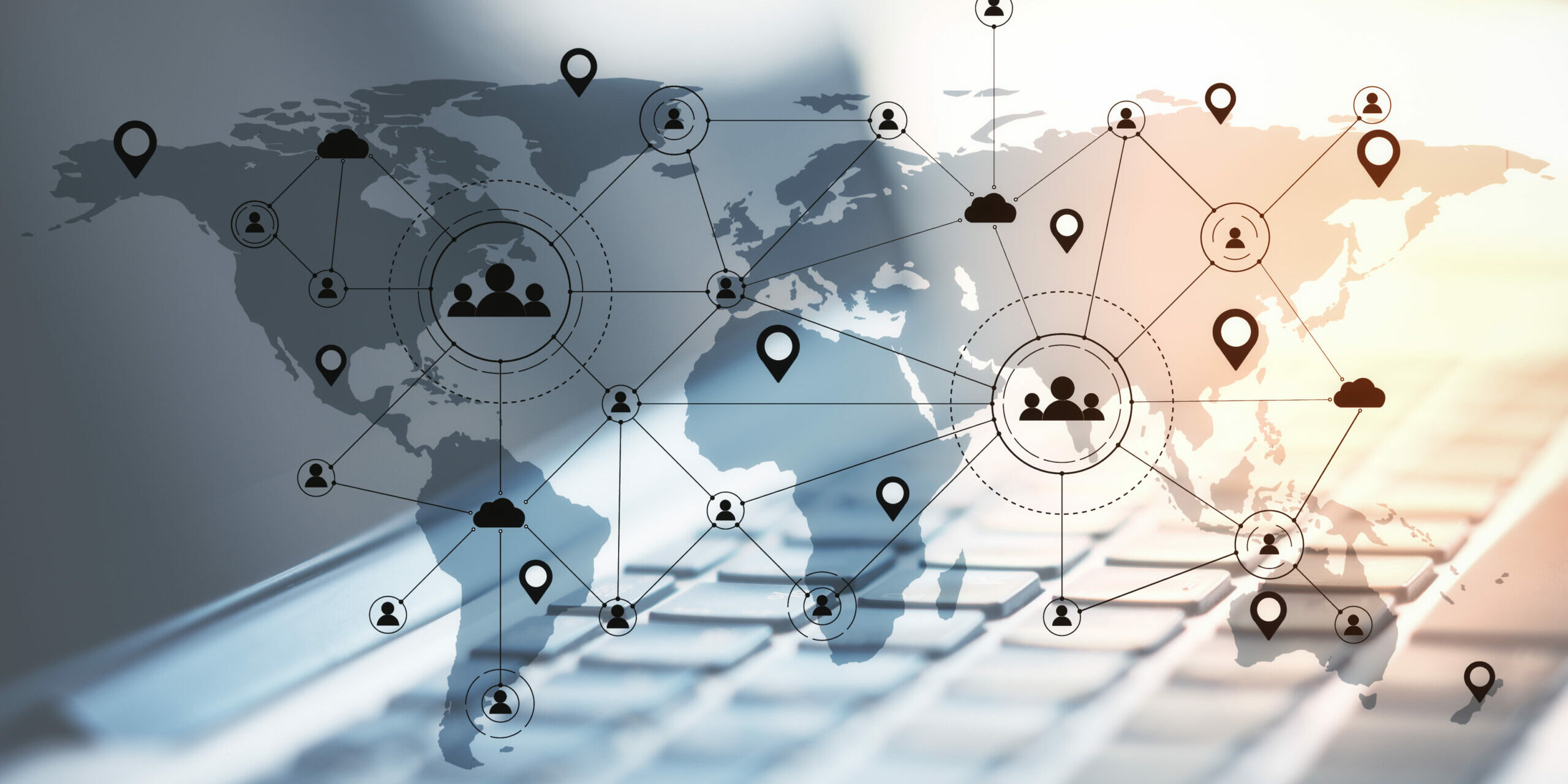 Modern workplace with remote work interface.