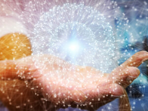 Businessman in office using digital data network