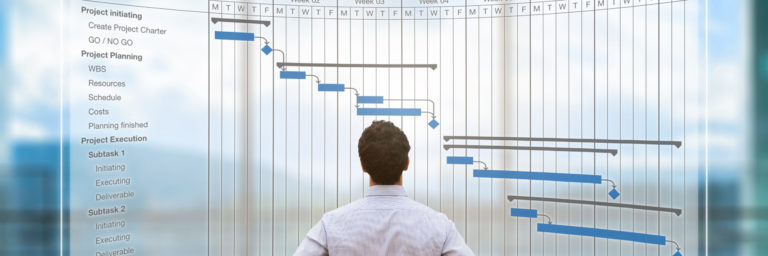 Project manager looking at AR screen, Gantt chart schedule, planning Automation and Project Management