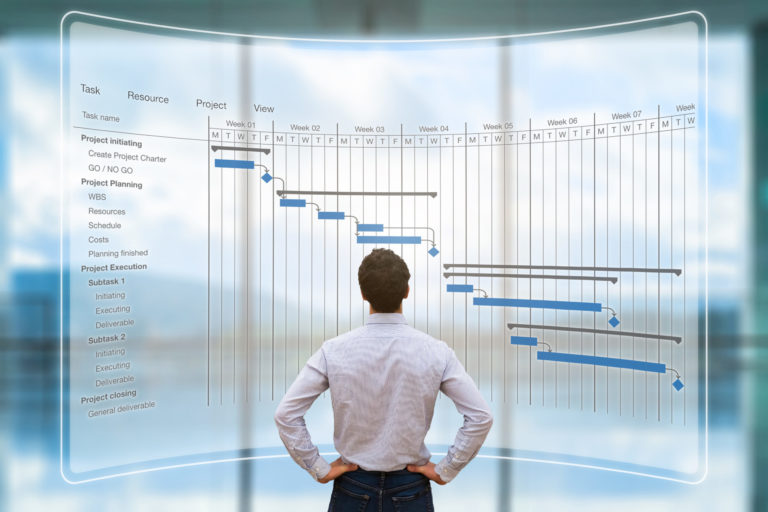 Project manager looking at AR screen, Gantt chart schedule, planning Automation and Project Management