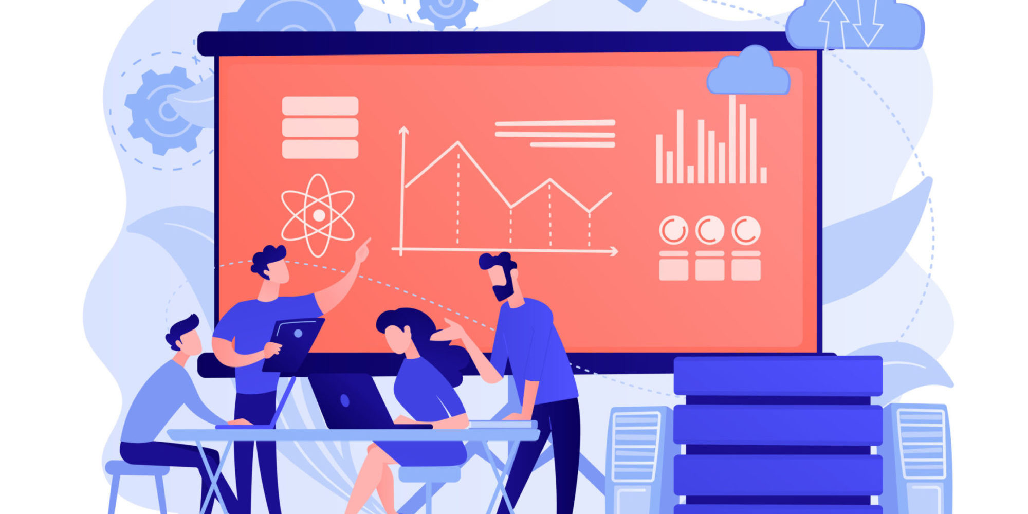 Big data conference concept vector illustration. Data Science versus Analyst