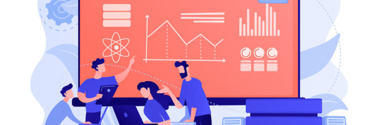 Big data conference concept vector illustration. Data Science versus Analyst