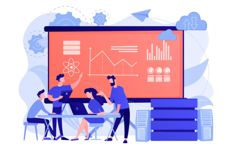 Big data conference concept vector illustration. Data Science versus Analyst