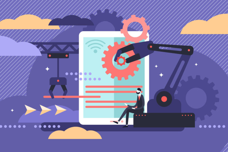 Automation vector illustration. Flat tiny machine line work pers