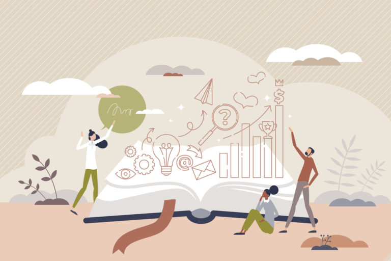 Brand storytelling marketing communication flat tiny person conc