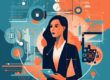 A confident woman is postured up-right, holding a tablet in her hands, and looking off to her left. She is wearing a business professional outfit that is dark blue. The background has a mix of business and technology related icons surrounding the woman in a circular pattern. Half of the background is blue and the other half is orange with accents of white and dark blue within the icons.