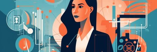 A confident woman is postured up-right, holding a tablet in her hands, and looking off to her left. She is wearing a business professional outfit that is dark blue. The background has a mix of business and technology related icons surrounding the woman in a circular pattern. Half of the background is blue and the other half is orange with accents of white and dark blue within the icons.