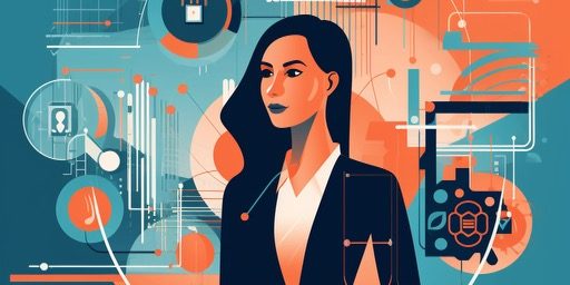 female_empowerment_in_the_technology_industry_us_90ded29c-733c-48a4-b1cd-67d1b279d156 A confident woman is postured up-right, holding a tablet in her hands, and looking off to her left. She is wearing a business professional outfit that is dark blue. The background has a mix of business and technology related icons surrounding the woman in a circular pattern. Half of the background is blue and the other half is orange with accents of white and dark blue within the icons.