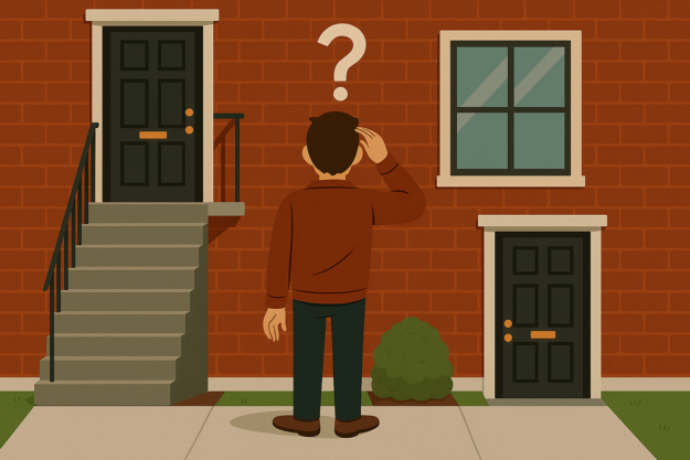 man confused about entry to building