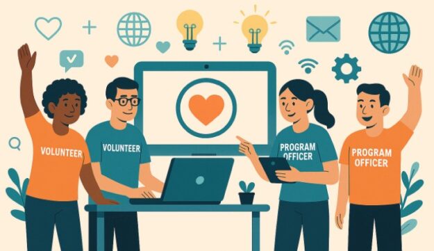 nonprofit volunteers and program officers enjoy technology progress